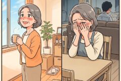 Split-panel: cheerful woman with a mug by a sunlit window, then crying at a table with a man reading in the background.