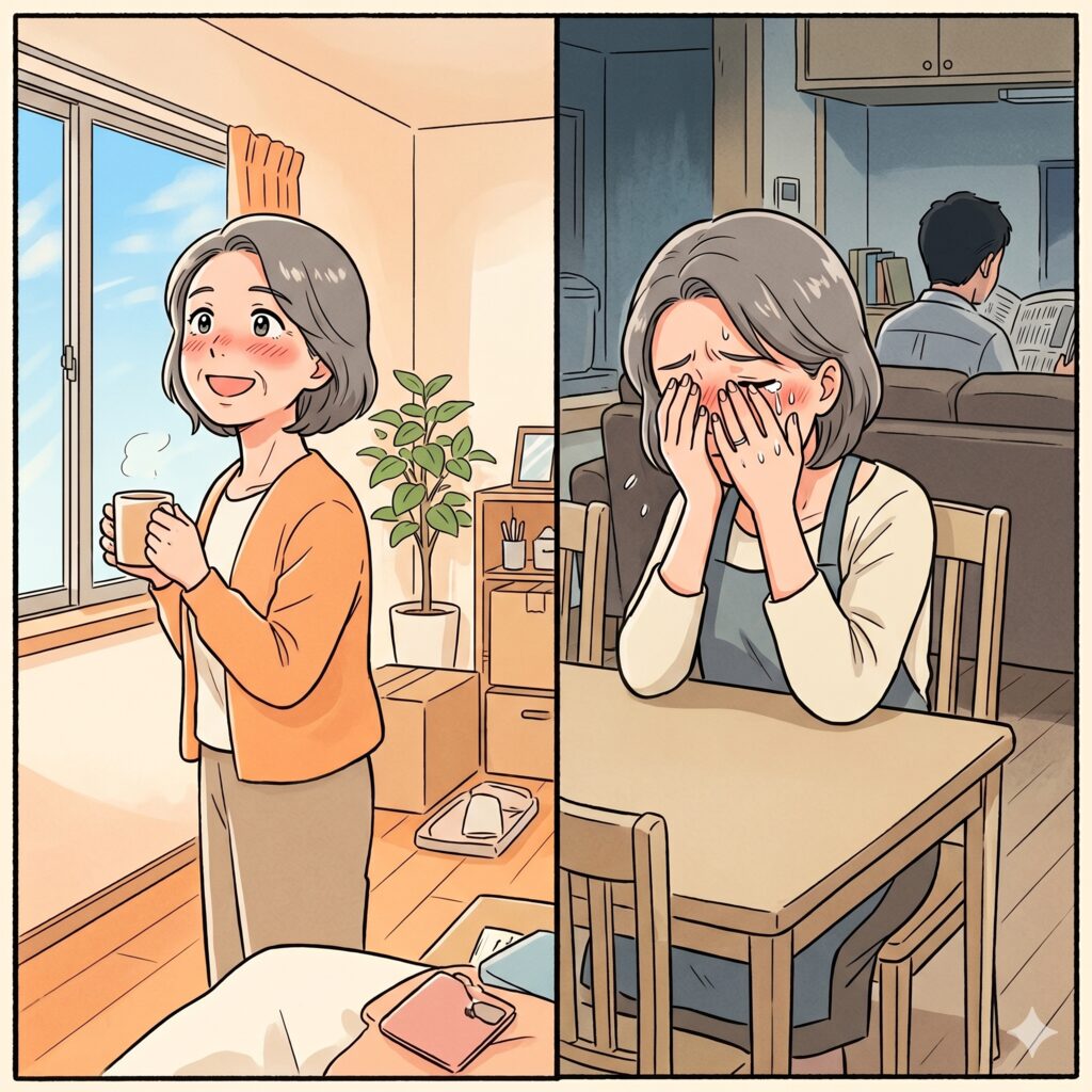 Split-panel: cheerful woman with a mug by a sunlit window, then crying at a table with a man reading in the background.