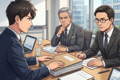 Three suited professionals sit around a conference table reviewing documents during a meeting in a bright office with a cityscape view visible outside the window.