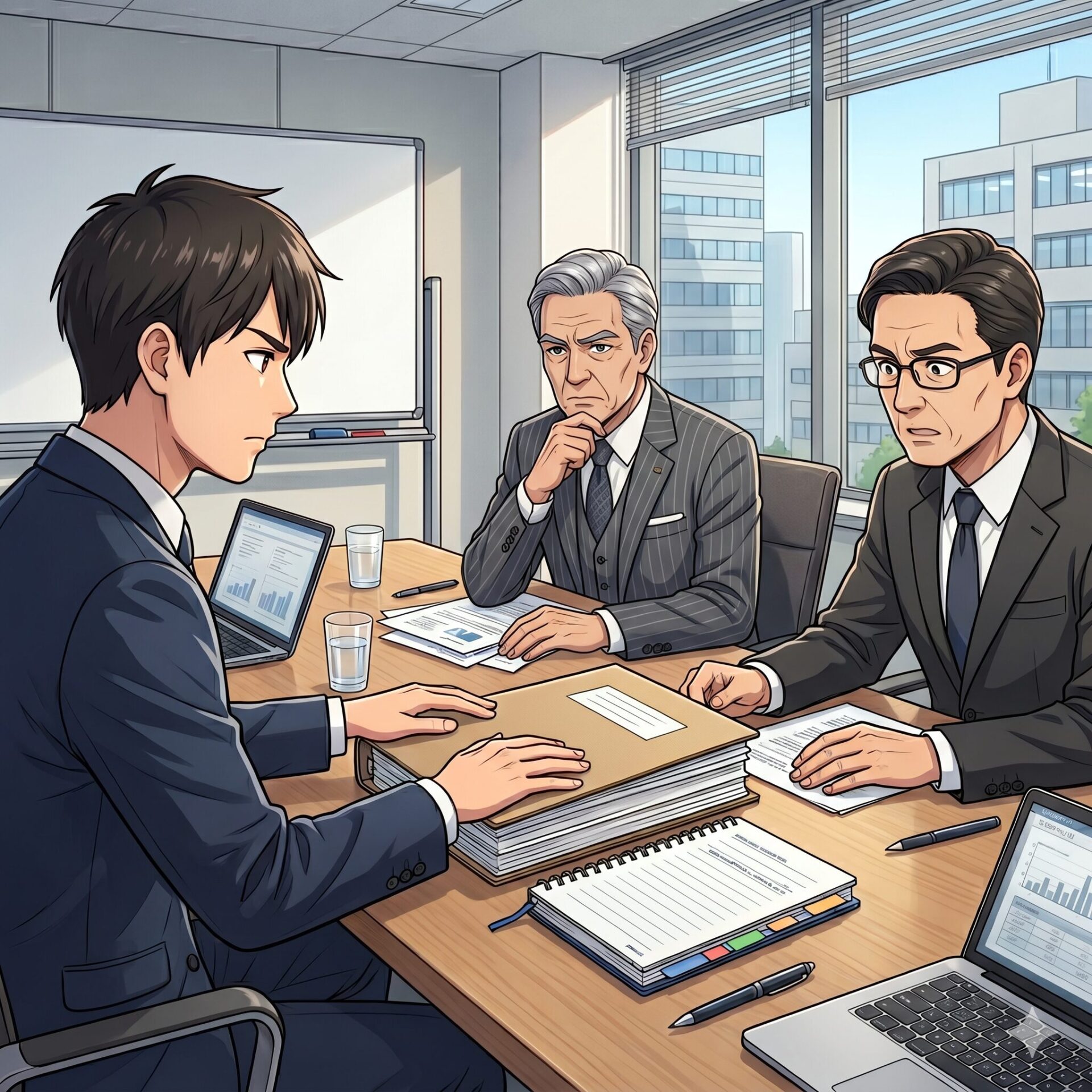 Three suited professionals sit around a conference table reviewing documents during a meeting in a bright office with a cityscape view visible outside the window.