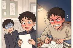 Two students in a school hallway; one smiles while holding a paper, the other looks pale and anxious behind him.