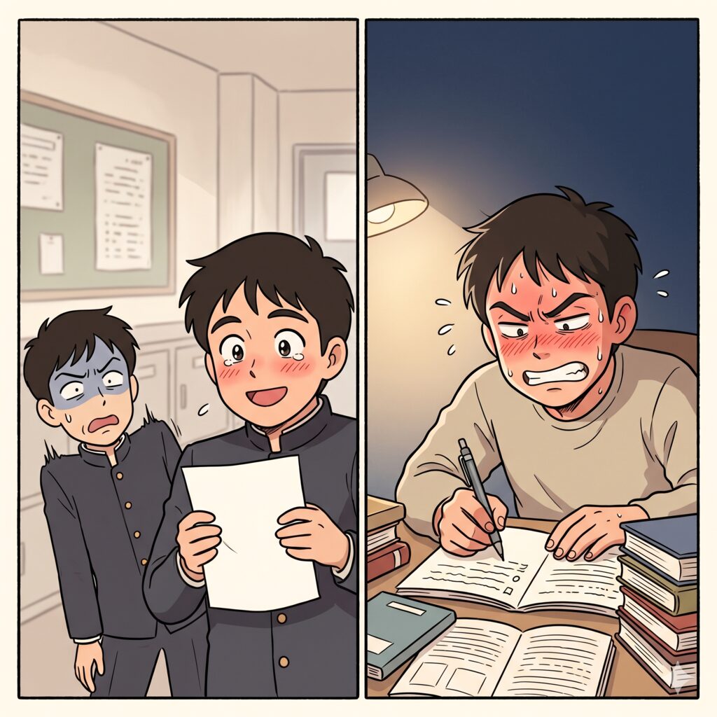 Two students in a school hallway; one smiles while holding a paper, the other looks pale and anxious behind him.