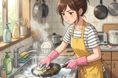 Young woman in a yellow apron washing dishes at a cluttered sink, wearing pink gloves and looking frustrated by the mess.