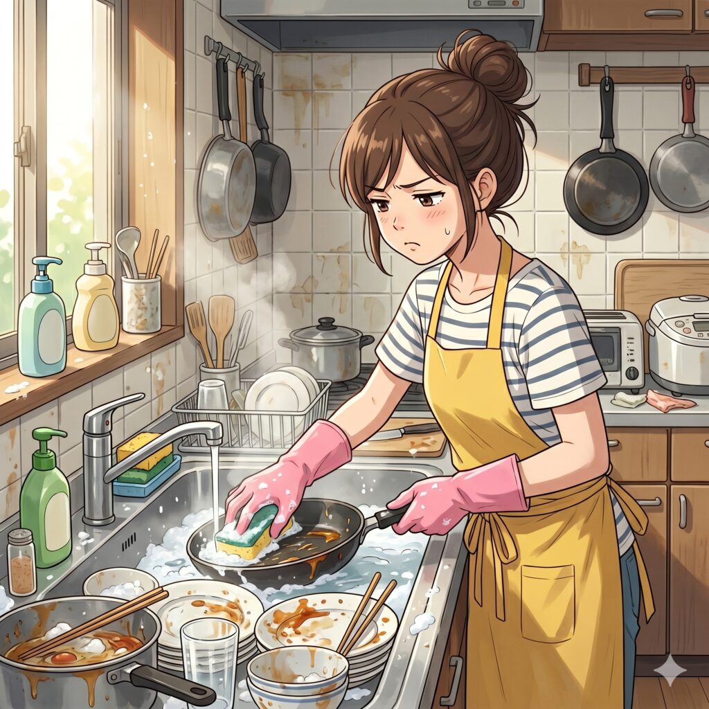 Young woman in a yellow apron washing dishes at a cluttered sink, wearing pink gloves and looking frustrated by the mess.