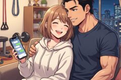 Anime-style couple cuddles on a couch in a cozy room at night, the woman showing a messaging app on her phone. A gym corner and city lights are in the background.