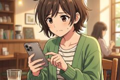 Young woman in a green cardigan sits at a cafe table, looking at her smartphone, with a glass of iced coffee and a plate in front.