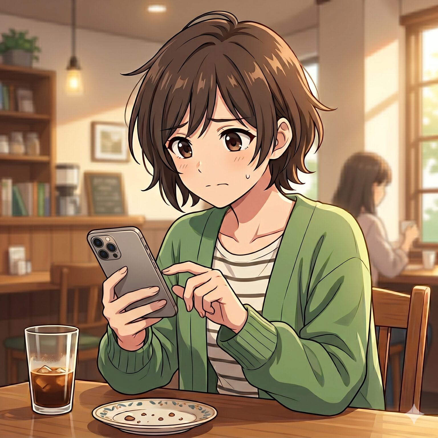 Young woman in a green cardigan sits at a cafe table, looking at her smartphone, with a glass of iced coffee and a plate in front.