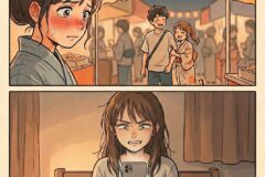 Panel 1: A young woman at a festival stall blushes and sweats as a smiling couple walks by under lanterns; background crowd. Panel 2: She sits on a bed at home, furious and tearful, staring at a smartphone.