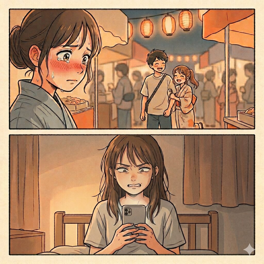 Panel 1: A young woman at a festival stall blushes and sweats as a smiling couple walks by under lanterns; background crowd. Panel 2: She sits on a bed at home, furious and tearful, staring at a smartphone.