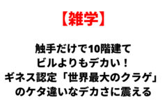 赤い囲みの『雑学』と大きな日本語見出し。触手だけで10階建て、ビル級の大きさと世界最大のクラゲを紹介するニュース風タイトル。
