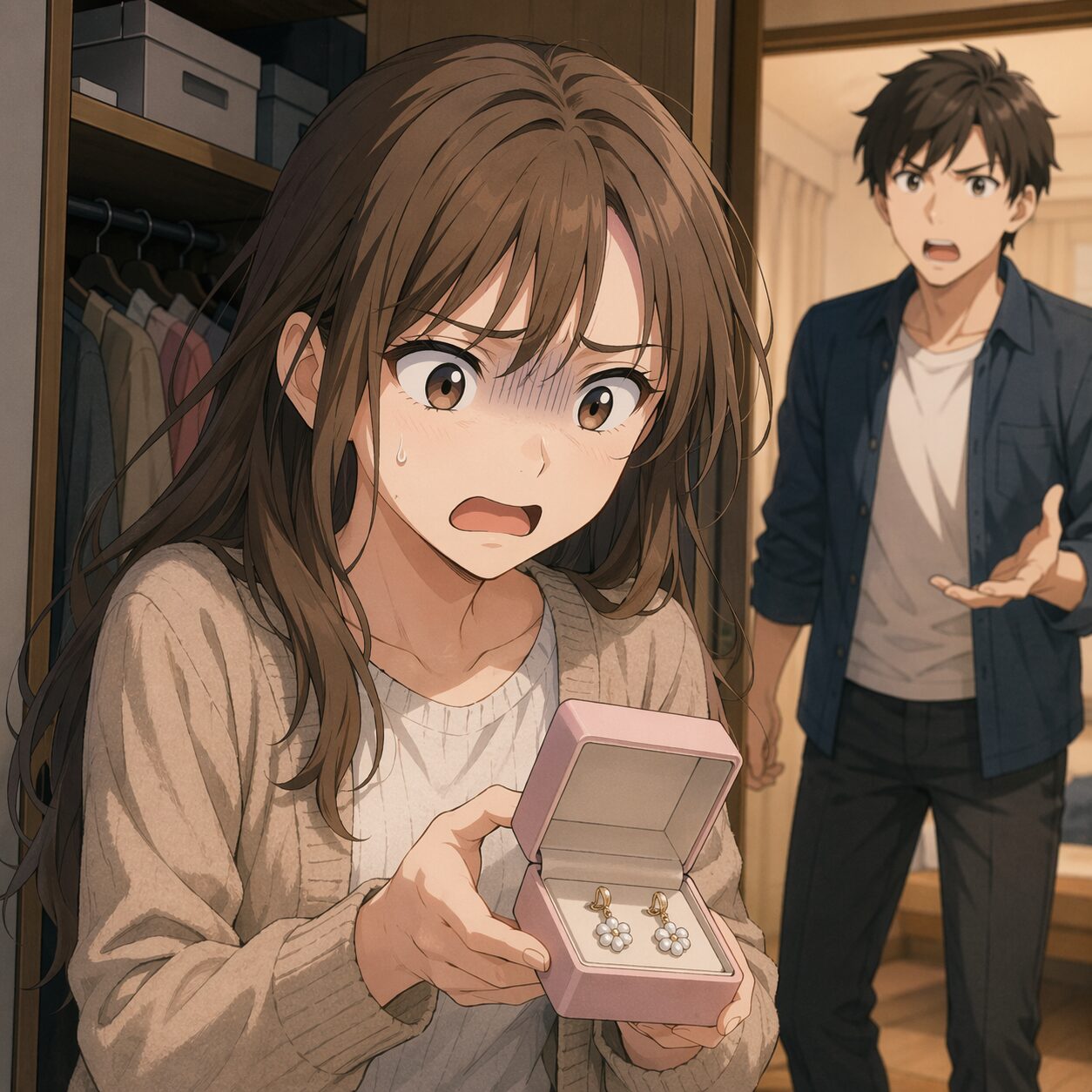 Girl with long brown hair holds a pink jewelry box displaying pearl earrings, eyes wide in shock as a man stands in the doorway gesturing in surprise.