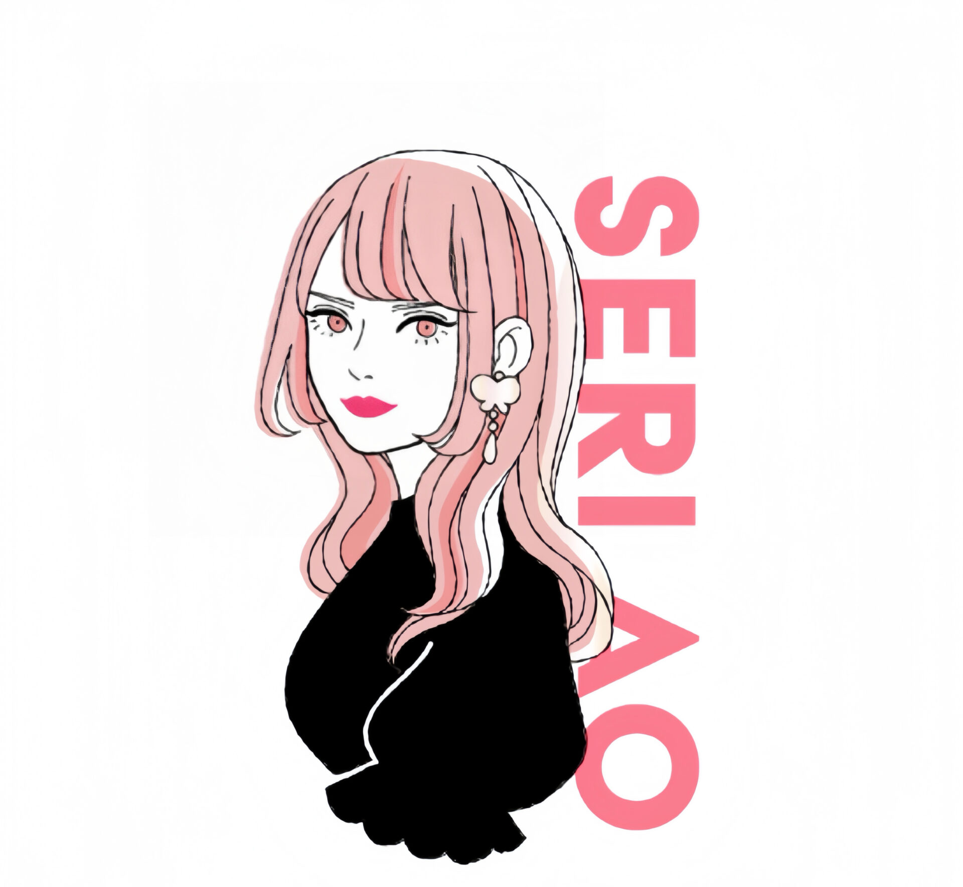 Stylized illustration of a woman with pink hair and red lips, wearing black, with pink block letters in the background.