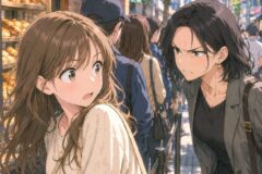 Two women on a busy city sidewalk, one with light brown hair looking surprised near a bakery display, the other with dark hair scowling and leaning in