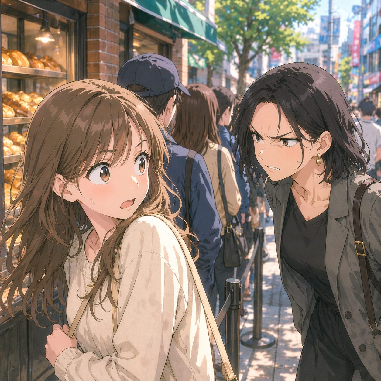 Two women on a busy city sidewalk, one with light brown hair looking surprised near a bakery display, the other with dark hair scowling and leaning in