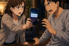 A tense moment between a woman and a man arguing over a smartphone showing a message that reads “I want to see you again soon” in a cozy living room at night.",