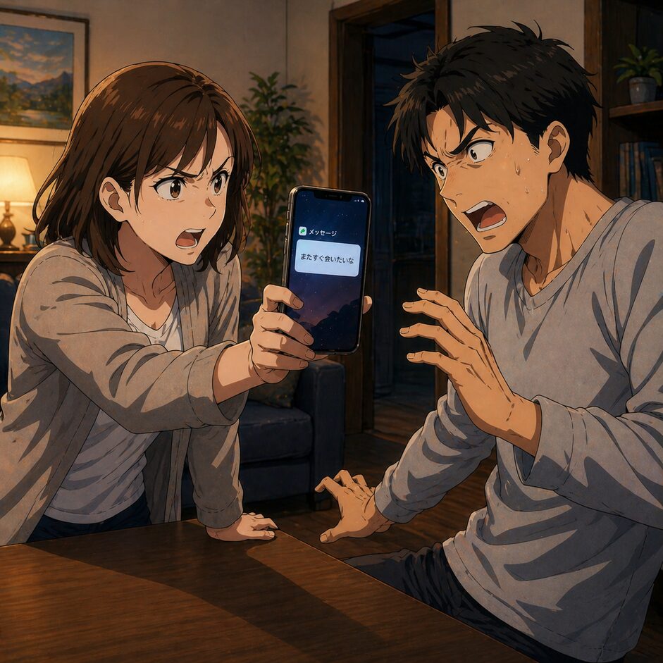 A tense moment between a woman and a man arguing over a smartphone showing a message that reads “I want to see you again soon” in a cozy living room at night.",