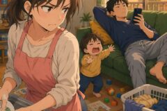 A mom in a pink apron washes dishes while a toddler cries and reaches toward her; dad lounges on a green sofa scrolling his phone in a sunny living room.