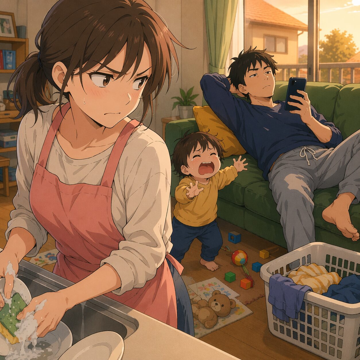 A mom in a pink apron washes dishes while a toddler cries and reaches toward her; dad lounges on a green sofa scrolling his phone in a sunny living room.