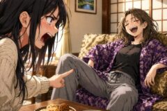 Two women in a cozy living room: one with long black hair crying and pointing at the other’s knee, who laughs on a sofa in a purple floral robe; cookies and mixed nuts on the coffee table.