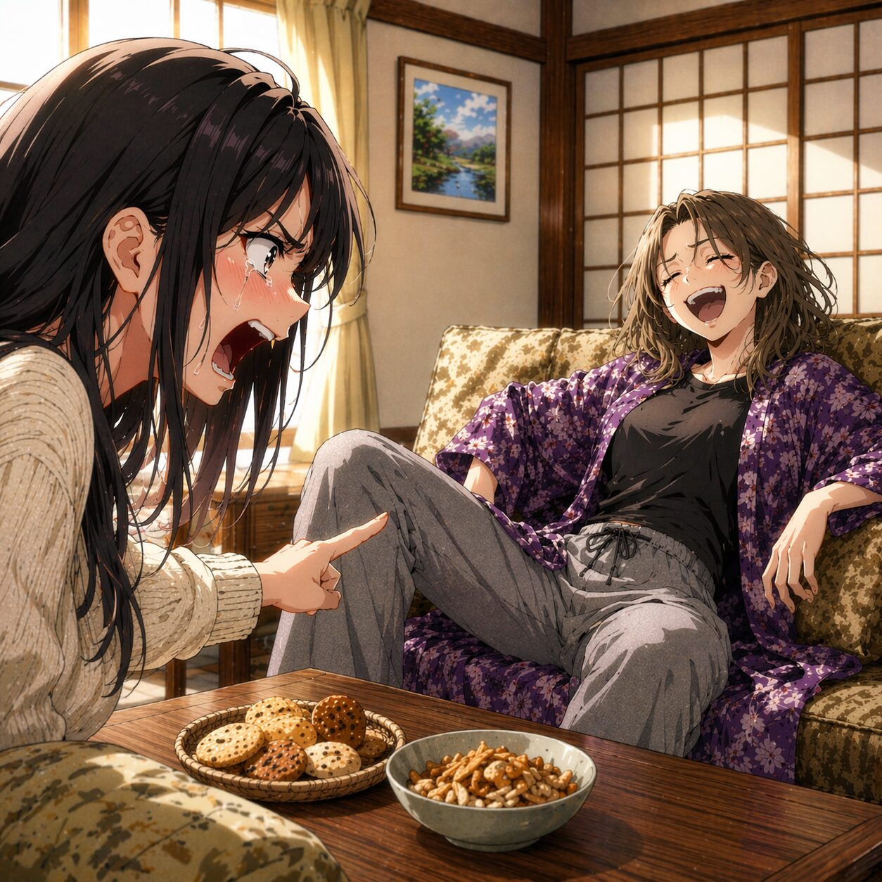 Two women in a cozy living room: one with long black hair crying and pointing at the other’s knee, who laughs on a sofa in a purple floral robe; cookies and mixed nuts on the coffee table.