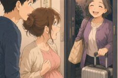 Pregnant woman in a pink dress and cardigan stands at a doorway, surprised by a smiling older woman arriving with a suitcase and tote bag.