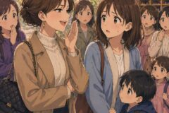 Two women in a crowded store chat; one gestures with her hand while a mother and her curious son listen as bystanders watch.