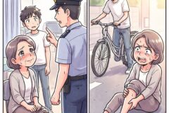 Police officer scolds a young man as an elderly woman with a bandaged knee sits crying in a clinic.