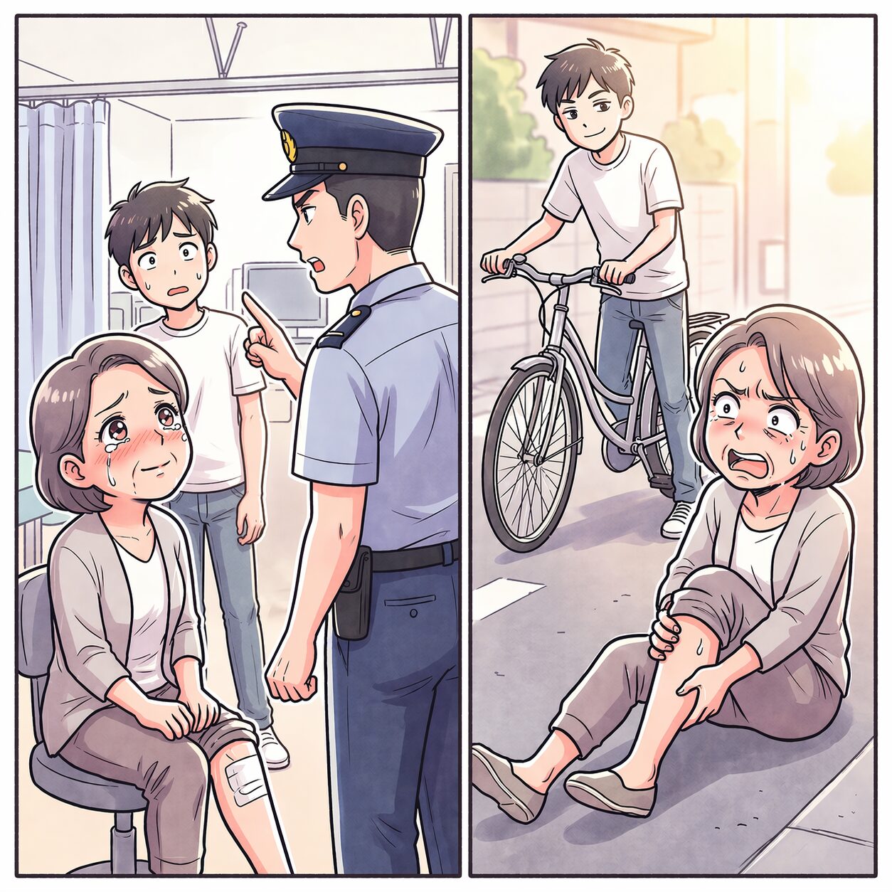 Police officer scolds a young man as an elderly woman with a bandaged knee sits crying in a clinic.