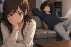 Two anime characters in a living room: a distressed girl in the foreground with a tear on her cheek, resting her head on her hand; a relaxed boy on a sofa in the background.