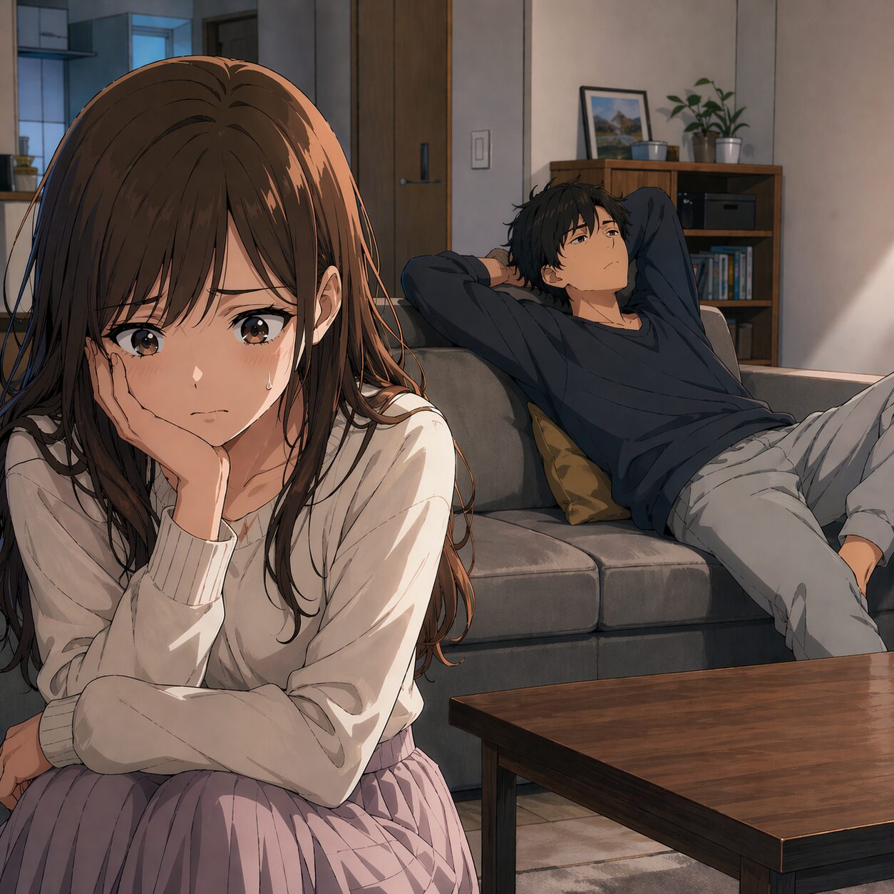 Two anime characters in a living room: a distressed girl in the foreground with a tear on her cheek, resting her head on her hand; a relaxed boy on a sofa in the background.