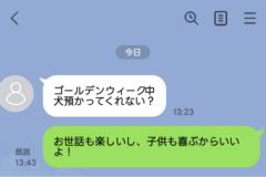 Chat screen with two Japanese messages about dog-sitting during Golden Week: a white bubble asks to take care of a dog, a green bubble replies it's fine; top bar icons and a '今日' badge visible.