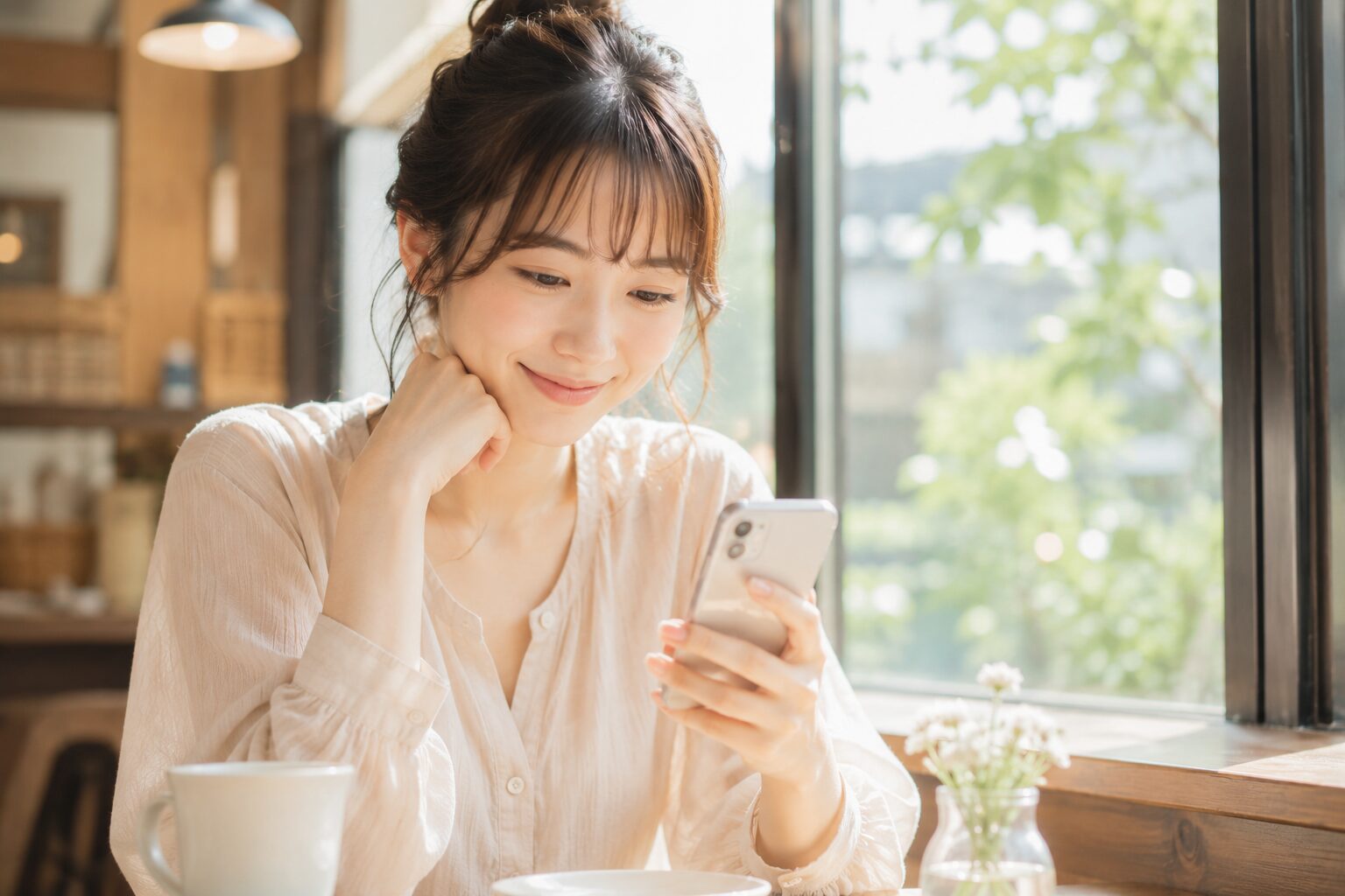 スマホを見て微笑む女性