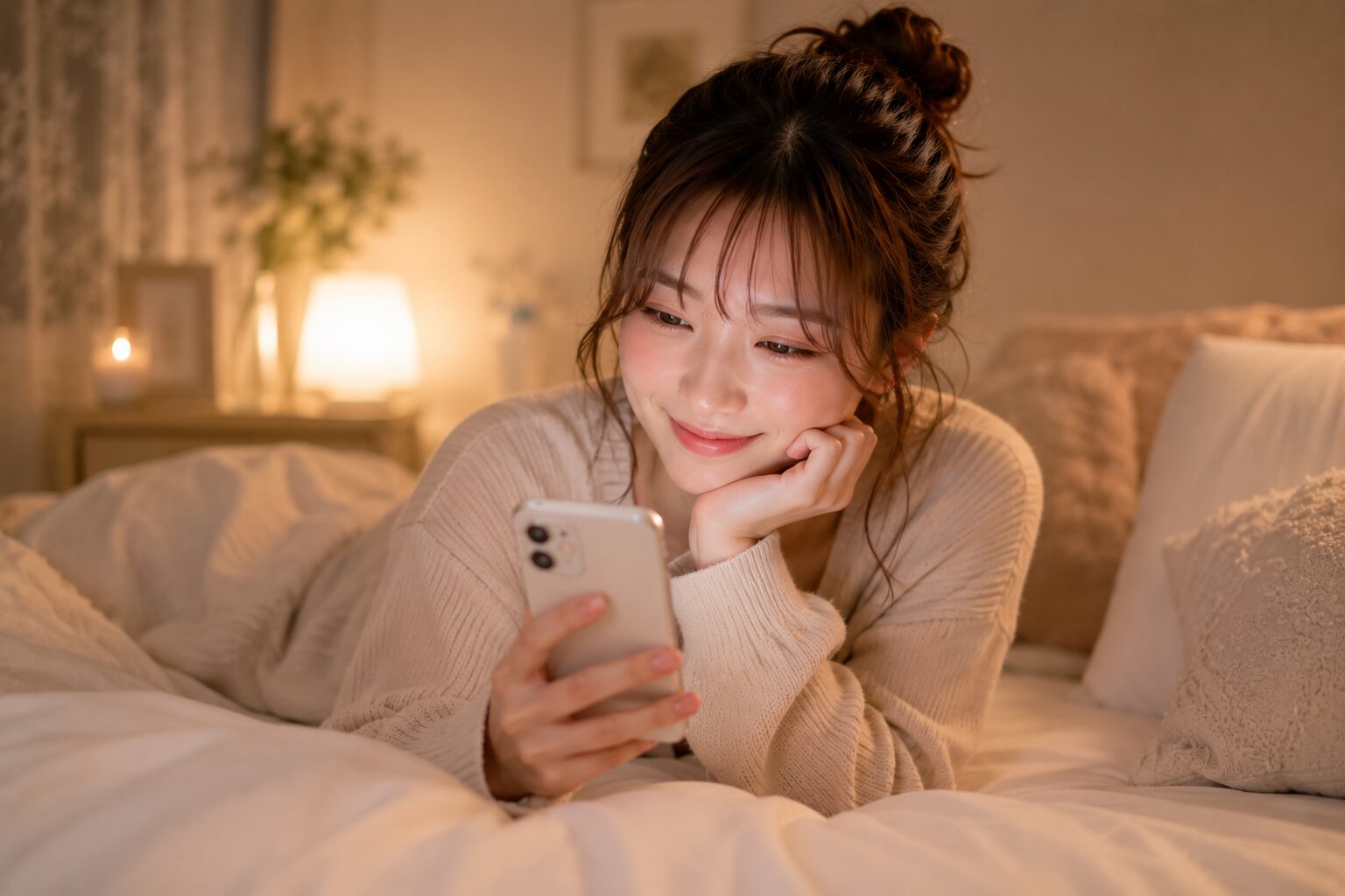 LINEに微笑む女性