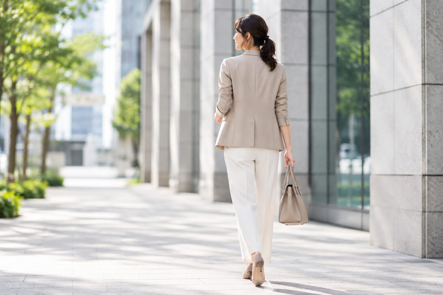 上下色違いスーツで歩く女性